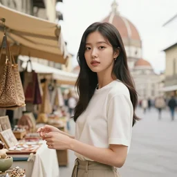 seductive hoyeon jung shopping at ancient renaissance florence street vendors, rule of thirds, serene, face anatomy, by wlop, peter mohrbacher, james jean, jakub rebelka, visually stunning, beautiful, masterpiece