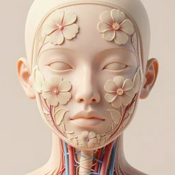 beatifull frontal face portrait of a woman, 1 5 0 mm, flowers, veins, arteries, symmetric, intricate, golden ratio, full frame, microscopic, elegant, highly detailed,, ornament, sculpture, elegant, luxury, beautifully lit, ray trace, octane render in the style of peter gric, alex grey and romero ressendi