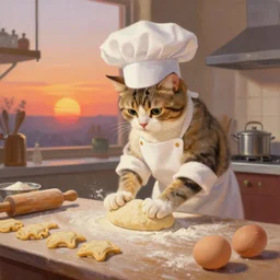 cat wearing white chefs hat kneading dough making biscuits in the kitchen, retro sunset in the background, oil painting, artstation, ana dascalu