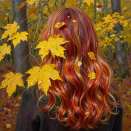 the leaves start to turn to the color of your hair, oil on canvas, close - up of a woman's hair, from the back, styled in long waves with shades of yellow and red, many leaves and branches in the foreground, in a forest in autumn, by jeremy lipking, craig mullins