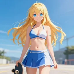 a very beautiful young anime skater girl, full body, long wavy blond hair, sky blue eyes, full round face,, bikini, miniskirt, front view, mid - shot, highly detailed, cinematic wallpaper by stanley artgerm lau