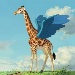 giraffe with big blue feathered dragon wings on its back, full body shot, by studio ghibli