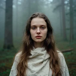 portrait of young woman, beautiful, soft features, russian cinema, kodachrome, dense forest, long brown hair, cloth, heavy fog, hudson river school, 4 k, dramatic lighting
