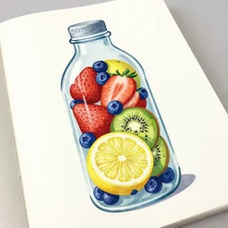 ( ( dither ) ), editorial illustration strawberries blueberries sliced kiwi sliced lemon inside a clear drinking bottle, isometric, modern art deco, ( ( mads berg ) ), detailed, dynamic composition, wide angle, matte print, strong grain, art nouveau, karolis strautniekas, ilya kuvshinov