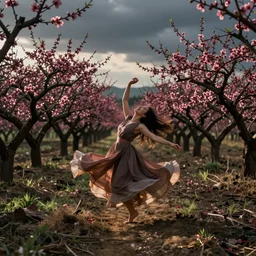 dancing in a field of peach trees laughing, photo, cinematic lighting, cinematic still,