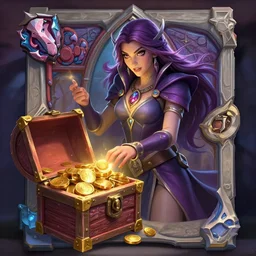 Full body Hearthstone official professional art, with realistic beautiful body & face & eyes. Important:A sorceress opening a chest full of gold.