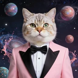 upper body portrait of male anthropomorphic cat in a pink tux, spheres and galaxies and cosmos, realistic, trending on artstation, hard focus, depth of field, cinematic composition, physics splashes of colors, highly detailed