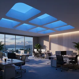 modern offfice with soft blue lights in the roof, octane render, artstation trending, highly detailded