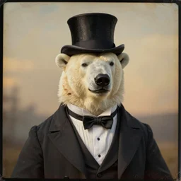 an very old and deteriorated still of a polar bear dressed with a tuxedo and a top hat, with a smirk and snobby disapproving look. by william adolphe bouguereau. during golden hour. extremely detailed. beautiful. 4 k. award - winning. daguerrotype