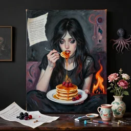 a portrait in a female artist's bedroom, black walls, emo girl eating pancakes, sheet music on fire, berries, surgical supplies, handmade pottery, flowers, sensual, octopus, neo - expressionism, surrealism, acrylic and spray paint and oilstick on canvas