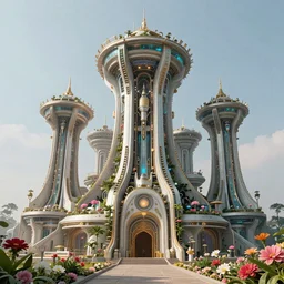 futuristic temple, mechanical solarpunk, technological, flowers, utopia, highly intricate, trending on artstation