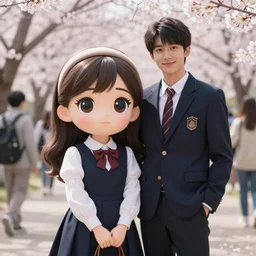 a big eye girl wears librarian dress and a handsome boy wear school uniform in cherry blossom festival | | sunny, dreamlike art, mist, realistic shaded, smile, good looking, fine details, 4 k realistic, cryengine, realistic shaded lighting poster by greg rutkowski, magali villeneuve, artgerm, jeremy lipkin and michael garmash and rob rey