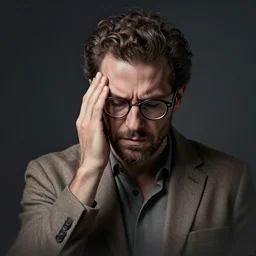 half body studio photograph of a male italian artist wearing glasses, anxiety and depression, intricate, elegant, highly detailed, hyper realistic, dark background, flickr, smooth, sharp focus, shot by canon