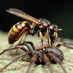 photo of parasitoid wasp pompilidae laying eggs in body of spider, close up, hyper real, creepy, fujichrome velvia 5 0, 8 0 mm