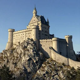a castle fortress on a rocky mountain side, blue sky, sunny, detailed, volumetric, cinematic lighting, realistic, digital art by greg rukowski