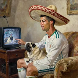 portrait of cristiano ronaldo wearing a sombrero on his head, sitted on the couch with a pug, watching television, oil on canvas by william sidney mount,