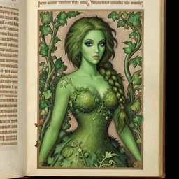 a stunningly detailed illuminated manuscript of a beautiful alyson hannigan dressed as poison ivy with green skin and with hair tied in a braid, dark eyeliner, intricate, elegant, highly detailed, digital painting, artstation, concept art, sharp focus, illustration, art by greg rutkowski and alphonse mucha