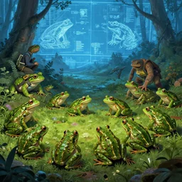 adventuring party fighting a pack of frogs, forest clearing, in the style of Greg Broadmore and Arthur Rackham,trending on artstation, light lighting side view,digital art,surrealism ,macro,blueprint ,vaporwave ,