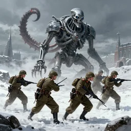 soviet soldiers fighting against demonic t - 8 0 0 terminator in world war two eastern front setting, dieselpunk, winter concept art, artstation, stephen bliss, unreal engine, art by greg rutkowski, loish, rhads, ferdinand knab, makoto shinkai and lois van baarle, pixar, rossdraws, tom bagshaw, global illumination, radiant light, detailed and intricate environment