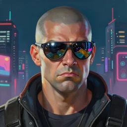 a portrait of cyberpunk Duke Nukem wearing reflective surface mirror surface shades mirrorshades, Night City, cyberpunk 2077, neon megacity in the background, angry and bored, illustration, soft lighting, soft details, painting oil on canvas by mark arian by artgerm, trending on artstation, 4k, 8k, HD