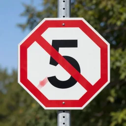 A photo of a stop sign with a 5 crossed red