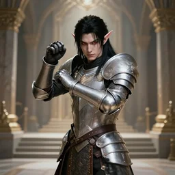 full body portrait of a handsome male elf paladin in a temple, ornamental armor, pale skin, black hair, red eyes, holy themed, platinum, fighting stance, high fantasy, detailed face, highly detailed, sharp focus, smooth, sfumato, digital illustration, by clyde caldwell, greg rutkowski, hd, 8 k, octane