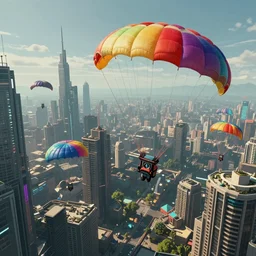 elaborately detailed photo art of colorful multiple parachutes flying on cyberpunk city, high fantasy matte painting, atmospheric lighting, highly detailed illustration highlights, 8K detail post-processing, featured on DeviantArt, trending on cgsociety