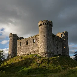ruined stone castle on a grassy hilltop