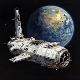 abandoned spaceship in outer space with a shattered planet in the background by greg rutkowski and alphonse mucha