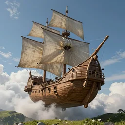 up - close view of a large wooden fantasy sky - ship flying through the clouds blue sky grassy hills, andreas rocha style