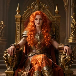 the elder scrolls vi, charismatic regal fiery redhead female jarl, portrait, exquisitely designed throne room, atmospheric lighting, painted, intricate, volumetric lighting, beautiful, daytime, slightly sunny weather, sharp focus, deep colours, golden hour, ultra detailed, by leesha hannigan, ross tran, thierry doizon, kai carpenter, ignacio fernandez rios