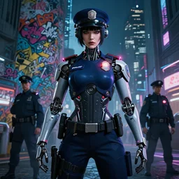 wide portrait of a menacing female japanese cyborg police, future tokyo, police lights, high detail, intricate detail, golden ratio, cinematic lighting, ghost in the shell, night, by sachin teng and sergey kolesov and ruan jia and heng z and wlop. graffiti art, scifi, fantasy, hyper detailed. octane render. concept art. trending on artstation