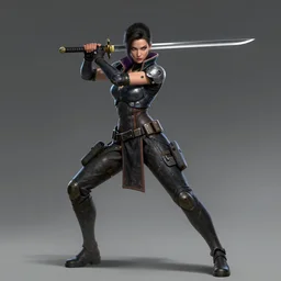 character concept art of a cyber punk woman wielding a katana