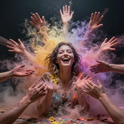 humans , feedback loop , burst of powders ,volumetric lighting, twisting vapour, bellowing dust , emerging hands and beautiful laughing with woman’s face , full colour , upscale , 4k