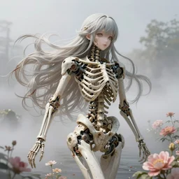 Stunning Anime robotic Goddess part skeleton of the floral river flowers, misty,  by cgsociety,  in the style of Charlie Bowater, Tom Bagshaw,  intricate, beautiful, artstation 8k, high resolution