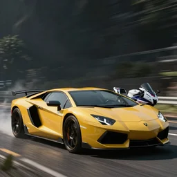 lamborghini aventador mixed with a GSX-r1100, unreal 5, hyperrealistic, realistic, photorealistic, dynamic lighting, highly detailed, cinematic landscape, studio landscape, studio lighting
