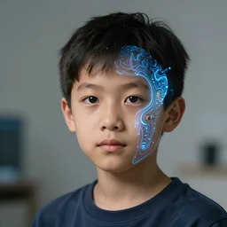 photorealistic portrait of a young boy using and advanced AI assisted thought accelerator computer to brain interface