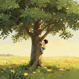A kid climbing a large tree at golden hour in a plain grass field,  by Makoto Shinkai and thomas kinkade, digital painting, Matte painting, trending on artstation and unreal engine, in the style of Calvin and Hobbes