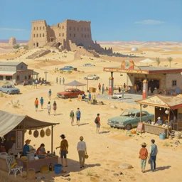 painting of a dystopian desert marketplace that was once the american south, merchant stands and customers, busy, bustling, vibrant, ancient ruins, sandy, ruined gas station and cars, by ruan jia, by conrad roset, by yoshitaka amano, cgsociety, artstation, portfolio quality.