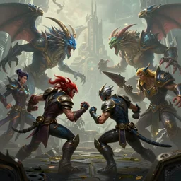 hyperrealism fantasy creatures fight scene with characters from league of legends portrait, hexagonal, by anthony van dyck, digital art, wallpaper of an fantasy fight, background of sci fi city in fog, diffused lighting, extremely detailed, 8 k, sharp, trending dop hdr, film grain