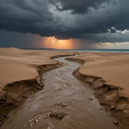 muddy river leads to sea by hiroshi yoshida, marc simonetti, roger deakins, turner, rothko, hyperrealism, cinematic, dramatic storm desert sunset, matte painting, fluid simulation, tonalism, volumetric light, trending on artstation, cgsociety, high detail concept art, top view, macro, rendered in octane