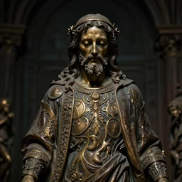 Sculpture of Jesus, dark atmosphere, cinematic shot, intricate, ornate, photorealistic, ultra detailed, realistic, 35mm, photography, octane, high definition, depth of field, bokeh, 8k, artstation, (alphonse mucha), hr giger