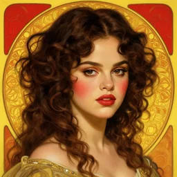 a cinematic portrait scene selena gomez dark curly hair, red cheeks, yellow red background, intricate, elegant, highly detailed, digital painting, artstation, concept art, smooth, sharp focus, illustration, art by artgerm and greg rutkowski and alphonse mucha