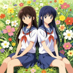two anime girls sitting next to each other, a detailed drawing by pu hua, trending on pixiv, synchromism, official art, made of flowers, anime aesthetic