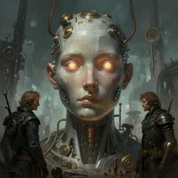 an epic illustration of consciousness emerging into a large language 1's and 2's model ai humanoid head. glowing eyes, in the style of greg rutkowski and drew struzan and algernon blackwood, realistic digital painting, brutalist futuristic, steampunk lighting