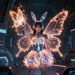 a girl like yoona, in a glowing skirt, cybernetic bunny ears, casting fire spell in shape of a butterfly, background cyberpunk spaceship, full shot, photo, geometries, Fibonacci volumetric lighting, epic composition, intricate details, dark neon punk, by denis villeneuve and WLOP