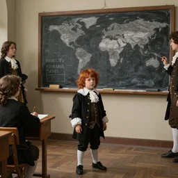 museum painting, wide shot, 1 7 years old boy, auburn red wavy hair, messy, mischievous face, dressed in 1 8 th century clothes, black, white, in a class at the blackboard, geography class, old school, sharp focus, highly detailed, matte painting, leyendecker, artgerm, rutkowski