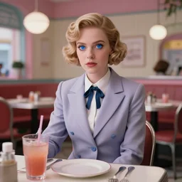 the most beautiful cybercore female diner, casual elegant suit, blue moe eyes, angelic detail, scene from a wes anderson movie
