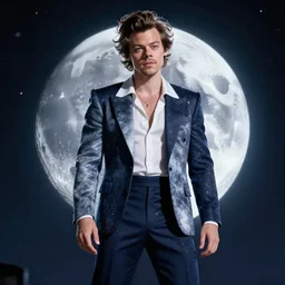 harry style with a suit inspired by the moon, style artstation, style greg rutkowsk, octane render, unreal engine 6, epic game graphics, fantasy, ciberpunk, conceptual art, ray tracing