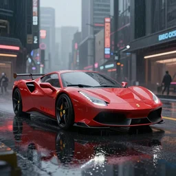 concept art for a futuristic Ferrari in a cyberpunk city, reflections, rainy day,